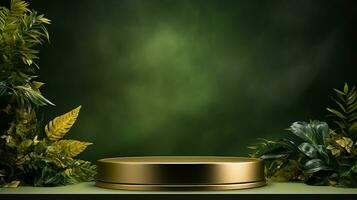 ai gerado 3d rendido esvaziar exibição elegante luxo verde e ouro tema pódio com folhas mínimo cena para produtos exibição apresentação foto