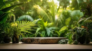 ai gerado pódio produtos exibição dentro selva ou etapa produtos mostruário zombar acima mínimo cena para produtos exibição apresentação foto