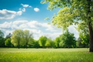 ai gerado lindo borrado fundo imagem do Primavera natureza com uma ordenadamente aparado gramado cercado de árvores contra uma azul céu com nuvens em uma brilhante ensolarado dia foto