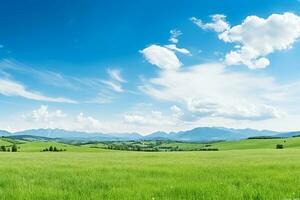 ai gerado lindo borrado fundo imagem do Primavera natureza com uma ordenadamente aparado gramado cercado de árvores contra uma azul céu com nuvens em uma brilhante ensolarado dia foto