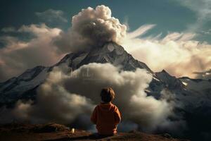 ai gerado pequeno Garoto sentado em a topo do uma montanha e parece às a erupção, uma criança enviando fumaça sinais a partir de uma montanha pico, ai gerado foto