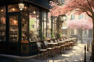 ai gerado cafeteria dentro Paris, França. lindo Visão do parisiense cafeteria com Rosa flores, uma clássico parisiense cafeteria dentro a Primavera manhã, ai gerado foto