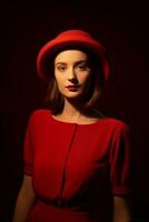 ai gerado uma lindo menina vestindo vermelho vestir e chapéu foto