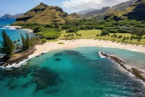 ai gerado aéreo Visão do uma lindo ilha dentro a meio do a oceano, Havaí de praia aéreo, ai gerado foto