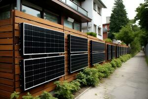 ai gerado solar painéis instalado em a parede do uma privado casa. alternativo energia fonte, casa cerca fez do solar painéis, ai gerado foto