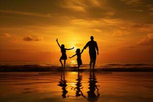 ai gerado silhueta do feliz família com crianças em a de praia às pôr do sol, feliz família pulando juntos em a de praia silhueta, ai gerado foto