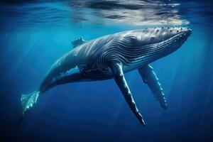 ai gerado corcunda baleia dentro a profundo azul oceano. 3d Renderização, corcunda baleia graciosamente natação dentro a profundo azul oceano, capturado através embaixo da agua fotografia, ai gerado foto