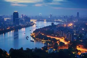 ai gerado Bangkok paisagem urbana às crepúsculo, Bangkok, tailândia, sudeste Ásia, Hanói Horizonte paisagem urbana às a crepúsculo período, cau giay parque, oeste do Hanói, ai gerado foto