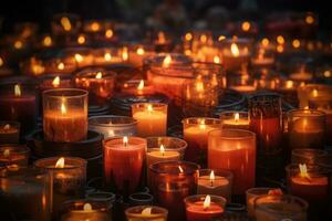 ai gerado queimando velas dentro uma cemitério durante todos santos dia dentro Polônia, grupo do aceso velas, memória do falecido pessoas, ai gerado foto