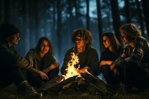 ai gerado grupo do jovem amigos sentado perto fogueira às noite acampamento conceito, jovem pessoas sentado por aí uma fogueira ai gerado foto