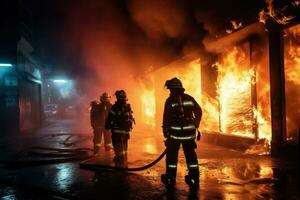 ai gerado bombeiros extinção uma fogo dentro uma construção às noite ai gerado foto