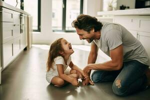 ai gerado brincalhão filha beliscar alegre do pai bochechas em chão às casa ai gerado foto