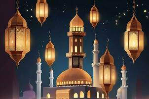 ai gerado ilustração do surpreendente arquitetura Projeto do muçulmano mesquita árabe lanterna do Ramadã celebração. foto