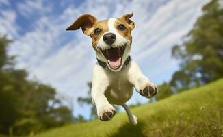 ai gerado jack Russel pároco cachorro corre em direção a a Câmera baixo ângulo Alto Rapidez tomada. ai gerado foto