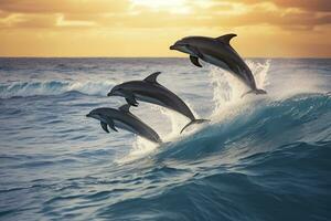 ai gerado brincalhão golfinhos pulando sobre quebra ondas. Havaí pacífico oceano animais selvagens cenário. generativo ai foto