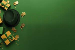 ai gerado st patrick's dia conceito. duende chapéu presente caixas Panela com ouro moedas. ai gerado foto