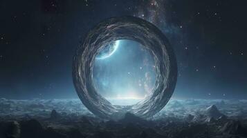 ai gerado portal para outro mundo. futurista cósmico panorama com círculo túnel dentro estrelado céu. generativo ai foto