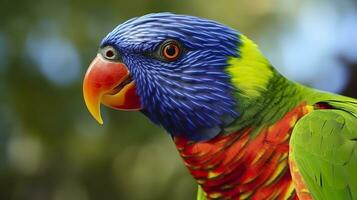 ai gerado lado Visão fechar-se do lindo e colorida Lorikeet verde cochilou pássaro. generativo ai foto