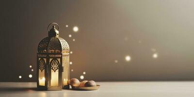 ai gerado celebração do islâmico eid Mubarak e eid al adha lanterna dentro uma luz fundo. ai gerado foto