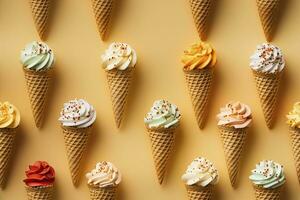 ai gerado incorporar uma variedade do waffle cones com diferente gelo creme sabores. ai gerado foto