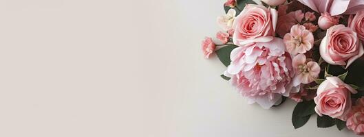 ai gerado fresco grupo do Rosa peônias e rosas com cópia de espaço. ai gerado foto