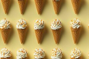 ai gerado incorporar uma variedade do waffle cones com diferente gelo creme sabores. ai gerado foto