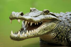 ai gerado crocodilo com Está boca Largo aberto com uma verde lago dentro a verde fundo. ai gerado foto