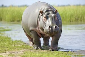 ai gerado hipopótamo caminhando dentro uma verde campo. ai gerado foto