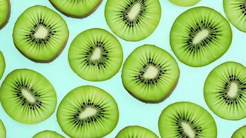 ai gerado fatias do kiwi fruta e verde hortelã folhas em uma luz pastel azul fundo. ai gerado foto