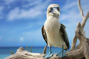 ai gerado a raro de pés azuis booby descansos em a de praia. ai gerado foto