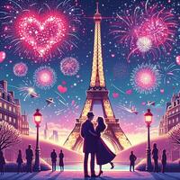 ai gerado uma romântico do casal debaixo a fogos de artifício de a eiffel torre foto