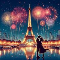 ai gerado uma romântico do casal debaixo a fogos de artifício de a eiffel torre foto