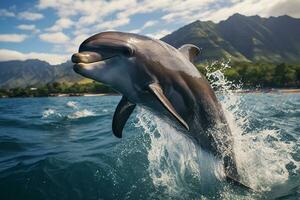 ai gerado golfinho pulando Fora do mar água com natureza Visão fundo foto