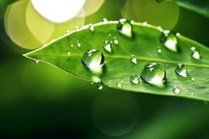 ai gerado ampla lindo gotas do transparente chuva água em uma verde folha macro. gotas do orvalho dentro a manhã brilho dentro a Sol foto