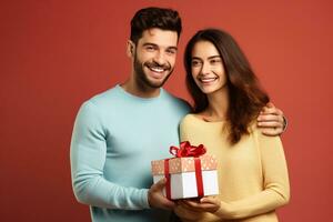 ai gerado casal dentro amar. bonito cara dá uma presente para dele esposa foto