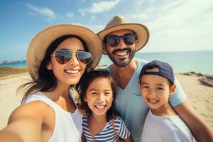 ai gerado feliz família levando selfie em de praia perto mar. verão período de férias foto