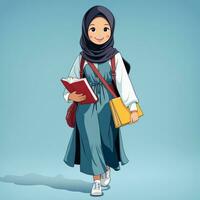 ai gerado ilustração do uma pequeno indonésio aluna vestindo uma cheio corpo hijab, entusiasmado sobre aprendizado, segurando uma livro foto