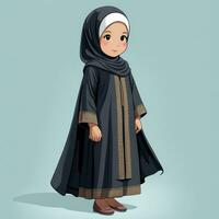 ai gerado ilustração do uma pequeno indonésio aluna vestindo uma cheio corpo hijab, entusiasmado sobre Aprendendo foto