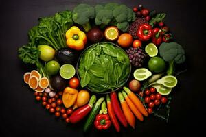 ai gerado topo Visão do diferente orgânico fresco frutas e legumes ai gerado foto