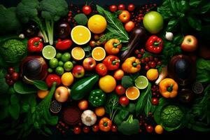 ai gerado topo Visão do diferente orgânico fresco frutas e legumes ai gerado foto