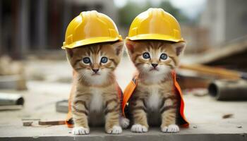 ai gerado dois gatinhos vestindo Difícil chapéus em uma construção local. generativo ai foto