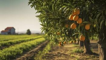 ai gerado a laranja árvore é dentro a primeiro plano com uma Fazenda campo fundo. generativo ai foto