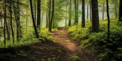 ai gerado uma estrada com lindo floresta. ai gerado foto