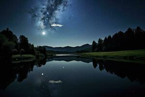 ai gerado leitoso caminho refletido em lago. ai gerado foto