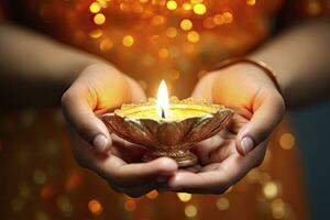 ai gerado lindo mãos segurando diwali lâmpadas tradicionalmente. ai gerado. foto