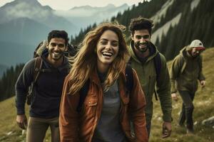 ai gerado grupo do amigos caminhada dentro montanhas, uma grupo do amigos caminhada dentro a montanhas às pôr do sol ai gerado foto