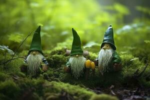 ai gerado brinquedo irlandês gnomos dentro uma mistério floresta, abstrato verde natural fundo. generativo ai foto