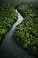 ai gerado aéreo Visão do a amazonas selva panorama com rio dobrar. generativo ai foto