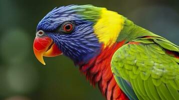 ai gerado lado Visão fechar-se do lindo e colorida Lorikeet verde cochilou pássaro. generativo ai foto