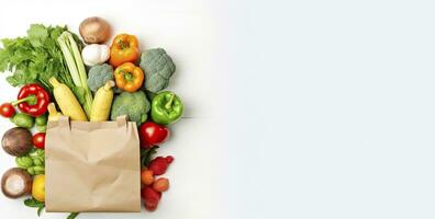 ai gerado saudável Comida dentro papel saco legumes e frutas em branco fundo. ai gerado foto